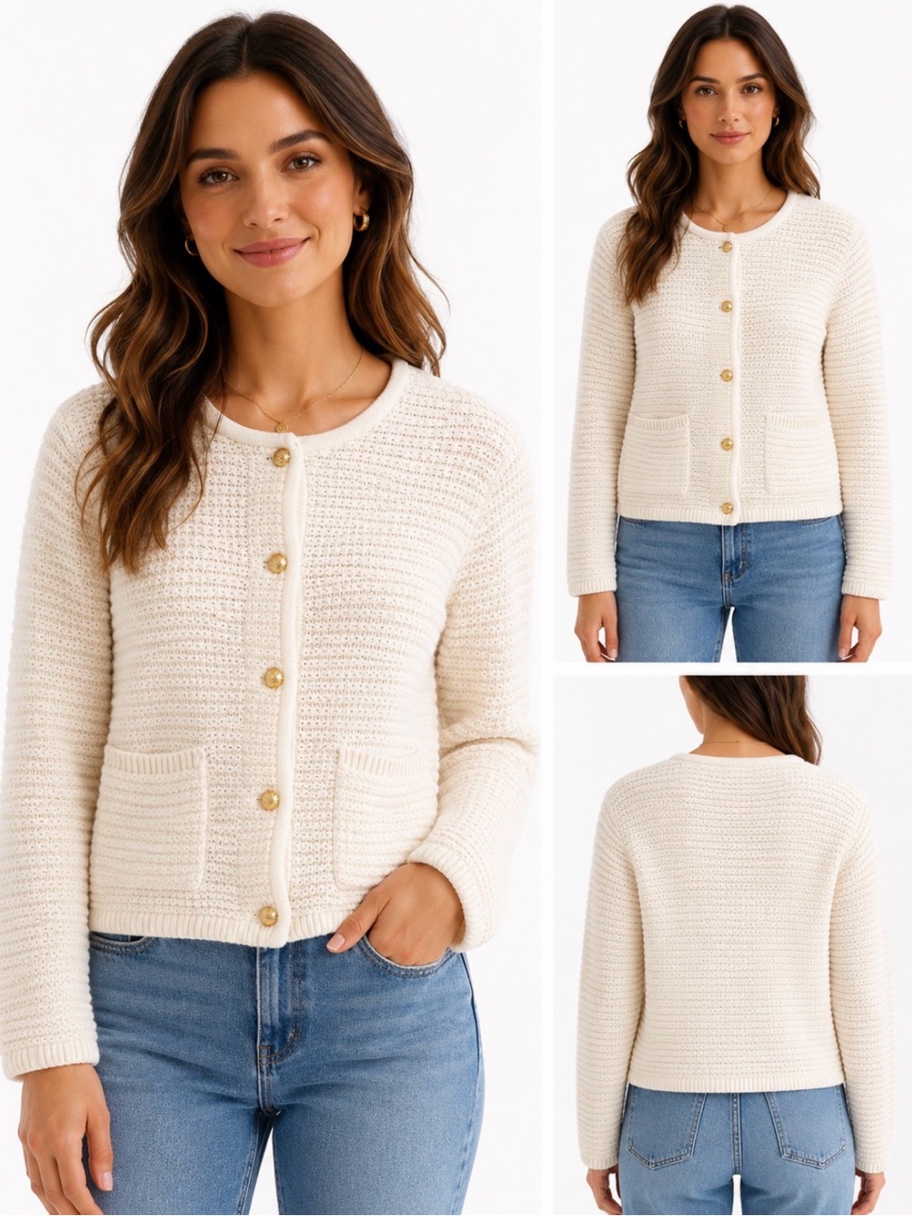 Talbots Cream Knit Button-Front Women's Sweater Jacket With Gold Buttons
